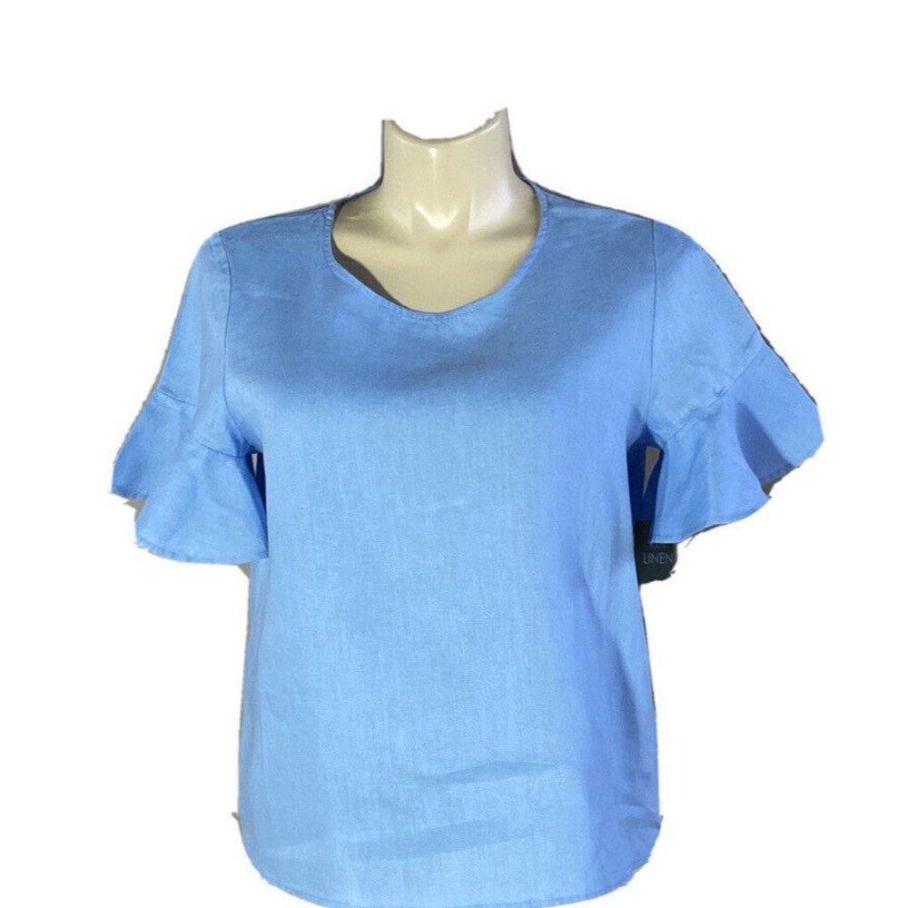 NEW Womens PXL Linen Bl Tunic Top FOR CYNTHIA Blue Short Ruffle Sl Keyhole Shirt